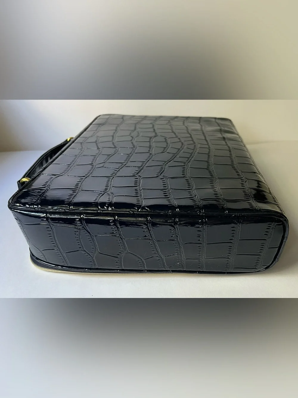 Estee Lauder Navy Patent Croc-Texture Cosmetic Pouch with Gold Zipper Pulls